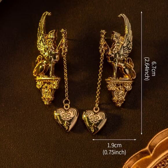 Golden Sphinx Exotic Egyptian Style Locket Heart Earrings - Picture 4 of 4